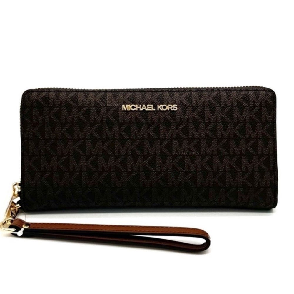 Michael Kors Large Jet Set Travel Continental Wallet Wristlet Brown Signature